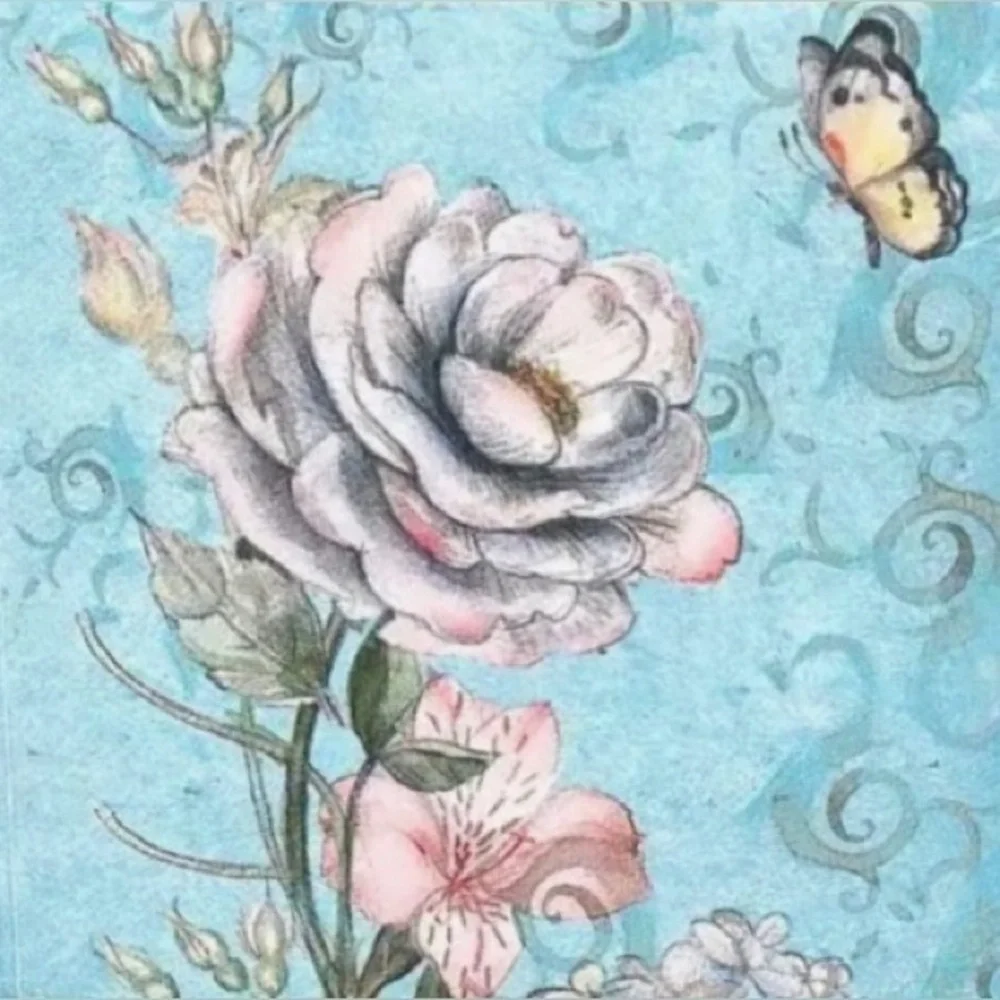 Two (2) Individual Floral and Butterfly Decoupage Napkins in Blue and Pink